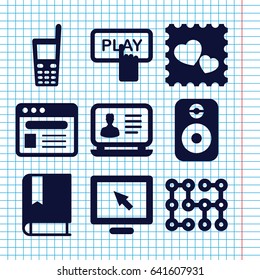 Set of 9 digital filled icons such as finger pressing play button, laptop, photo with heart, old phone, browser, speaker, electric circuit, book
