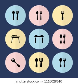 Set of 9 diner filled icons such as fork and spoon, table with plates and pan, fork