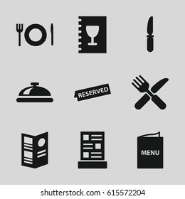set of 9 dining filled icons such as dish, fork and knife, knife, plate fork and spoon, menu