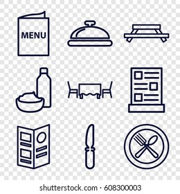 set of 9 dining outline icons such as dish, drink and food, knife, spoon and fork, menu, restaurant table