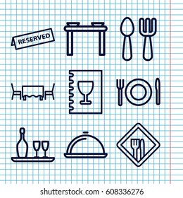 Set of 9 dining outline icons such as fork and spoon, dish, wine bottle and glass, restaurant, menu, reserved