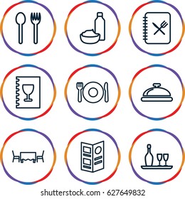 set of 9 dining outline icons such as plate fork and spoon, dish, drink and food, menu