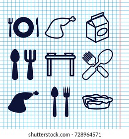 Set of 9 dinner filled and outline icons such as plate fork and spoon, meat leg, pie