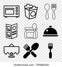 Set of 9 dinner filled and outline icons such as fork and spoon, fork, dish, restaurant table, take away food, menu, microwave, spoon and fork