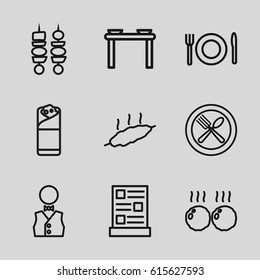 set of 9 dinner outline icons such as burrito, spoon and fork, kebab, waiter, plate fork and spoon, menu, meat