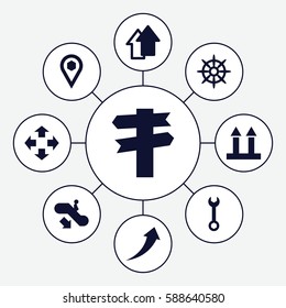 Set of 9 direction filled icons such as escalator down, wrench, cargo arrow up, helm, location, arrow up, direction