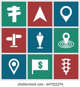 Set of 9 direction filled icons such as flag, map location, navigation arrow, location, traffic light, direction
