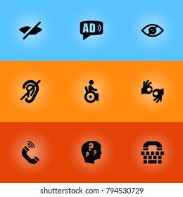 Set of 9 disabled icons set. Collection of ad, tty, blindness and other elements.
