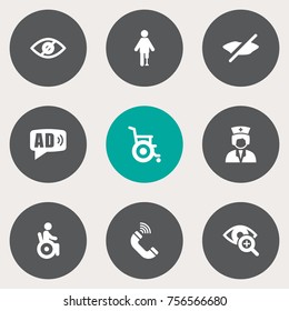 Set Of 9 Disabled Icons Set.Collection Of Blindness, Universal Access, Can Not Speak And Other Elements.