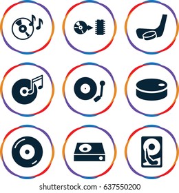 set of 9 disc filled icons such as dvd player, gramophone, hockey puck