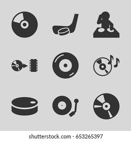 Set of 9 disc filled icons such as cd, gramophone, hockey puck