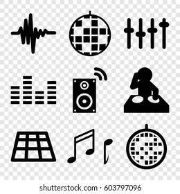 Set of 9 disco filled icons such as music equalizer, note, equalizer, disco ball, music loudspeaker, dance floor