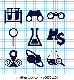 Set of 9 discovery filled icons such as map location, test tube, binoculars, magnifier, test tube search, binoculars with dollar sign