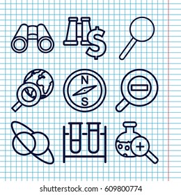 Set of 9 discovery outline icons such as test tube, binoculars, magnifier, test tube search, zoom out, planet and satellite, compass, globe search