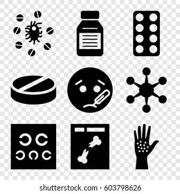 Set of 9 disease filled icons such as sick emot, pill, x ray, eye test, medicine, virus and pills, arm rash