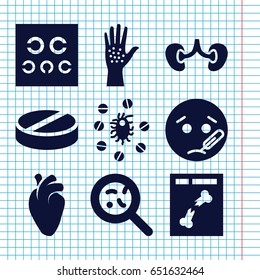 Set of 9 disease filled icons such as sick emot, pill, bacteria, heart organ, kidney, x ray, eye test, virus and pills