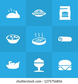 Set of 9 dish icons set. Collection of pasta, burrito, fried duck and other elements.