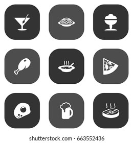Set Of 9 Dish Icons Set.Collection Of Sorbet, Martini, Fried Poultry And Other Elements.