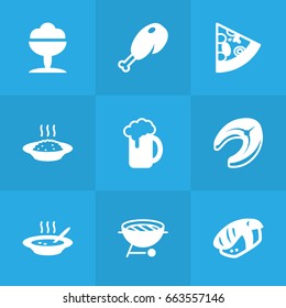 Set Of 9 Dish Icons Set.Collection Of Broth, Sorbet, Barbecue And Other Elements.