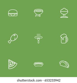 Set Of 9 Dish Outline Icons Set.Collection Of Hotdog, Mexican Food, Sandwich Elements.