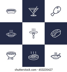 Set Of 9 Dish Outline Icons Set.Collection Of Cocktail, Hotdog, Porridge And Other Elements.