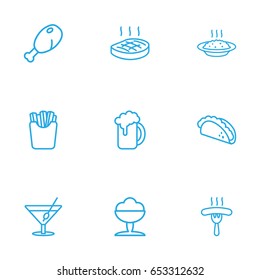 Set Of 9 Dish Outline Icons Set.Collection Of Steak, Porridge, Beer And Other Elements.
