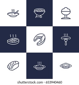 Set Of 9 Dish Outline Icons Set.Collection Of Sorbet, Japanese Roll, Pasta And Other Elements.