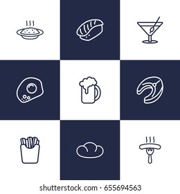 Set Of 9 Dish Outline Icons Set.Collection Of French Fries, Raw Fish, Beer And Other Elements.