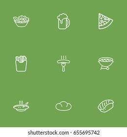Set Of 9 Dish Outline Icons Set.Collection Of Bread, Sausage, Salad And Other Elements.