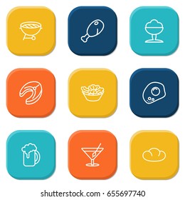 Set Of 9 Dish Outline Icons Set.Collection Of Cocktail, Salad, Omelette And Other Elements.