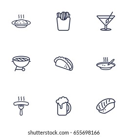 Set Of 9 Dish Outline Icons Set.Collection Of Japanese Roll, Bbq, Cocktail And Other Elements.