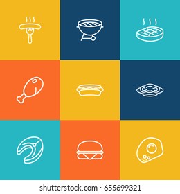 Set Of 9 Dish Outline Icons Set.Collection Of Chicken Leg, Sausage, Omelette And Other Elements.