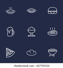 Set Of 9 Dish Outline Icons Set.Collection Of Pasta, Sorbet, Pepperoni And Other Elements.
