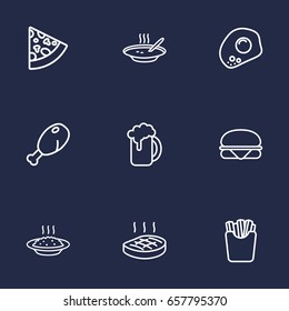 Set Of 9 Dish Outline Icons Set.Collection Of Pepperoni, Sandwich, Omelette Elements.