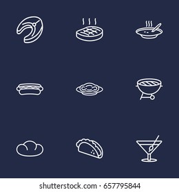 Set Of 9 Dish Outline Icons Set.Collection Of Raw Fish, Bbq, Mexican Food And Other Elements.