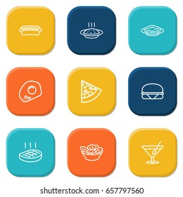 Set Of 9 Dish Outline Icons Set.Collection Of Omelette, Salad, Pepperoni And Other Elements.