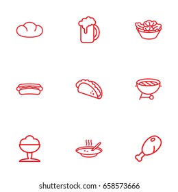 Set Of 9 Dish Outline Icons Set.Collection Of Sorbet, Bbq, Chicken Leg And Other Elements.