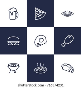 Set Of 9 Dish Outline Icons Set.Collection Of Bbq, Steak, Pasta And Other Elements.