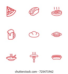 Set Of 9 Dish Outline Icons Set.Collection Of Steak, Japanese Roll, Bread And Other Elements.