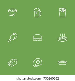 Set Of 9 Dish Outline Icons Set.Collection Of Bbq, Japanese Roll, Hotdog And Other Elements.