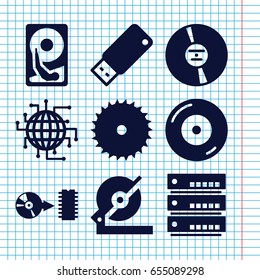 Set of 9 disk filled icons such as blade saw, circular saw, disc on fire, cd, disc, usb drive, hard disc, cpu planet