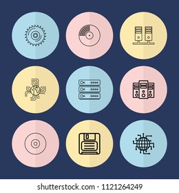 Set of 9 disk outline icons such as cpu planet, diskette, server, blade saw, disc