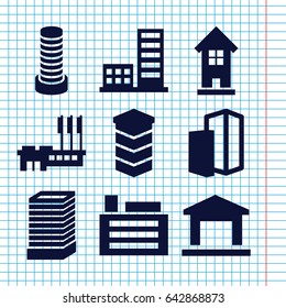 Set of 9 district filled icons such as business center building