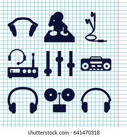 Set of 9 dj filled icons such as record player, earphones, headset, listening device, dj, gramophone