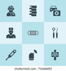 Set of 9 doctor filled icons such as car first aid kit, medical mask, doctor, electronic thermometer, spine, dentist tools, medical tool