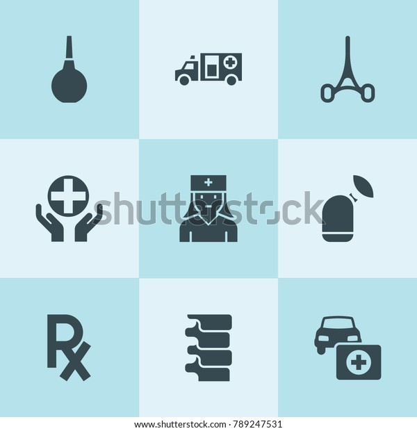 Set of 9 doctor filled icons such as car first aid\
kit, ambulance, medical care, nurse, spine, medical tool, surgical\
scissors, x ray