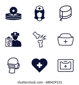 set of 9 doctor filled and outline icons such as nurse, doctor prescription, medical reflector, medical mask, medical kit, nurse hat, broken leg or arm