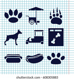 Set of 9 dog filled icons such as animal paw, dog, hot dog, fast food cart, x ray