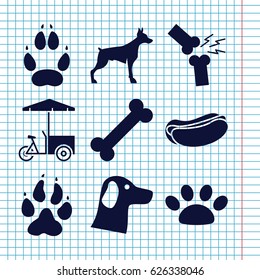 Set of 9 dog filled icons such as animal paw, dog, hot dog, fast food cart, broken leg or arm, paw, wolf