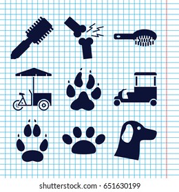 Set of 9 dog filled icons such as animal paw, hair brush, fast food cart, broken leg or arm, paw